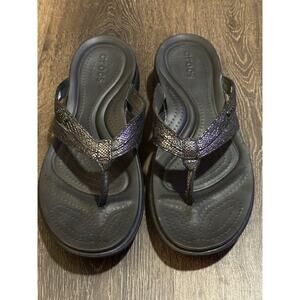 Crocs Capri V Flip Flops Sandals Dual Comfort Black Silver Shimmer Womens US 10